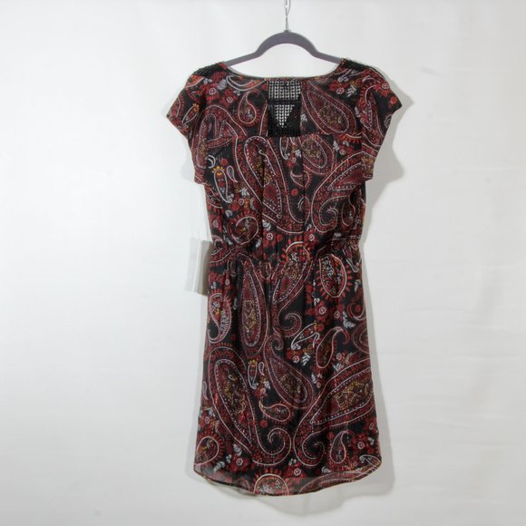 Daniel Rainn Women's Black Maroon Paisley Vika Crochet Detail Mini Dress NWT - Picture 7 of 9
